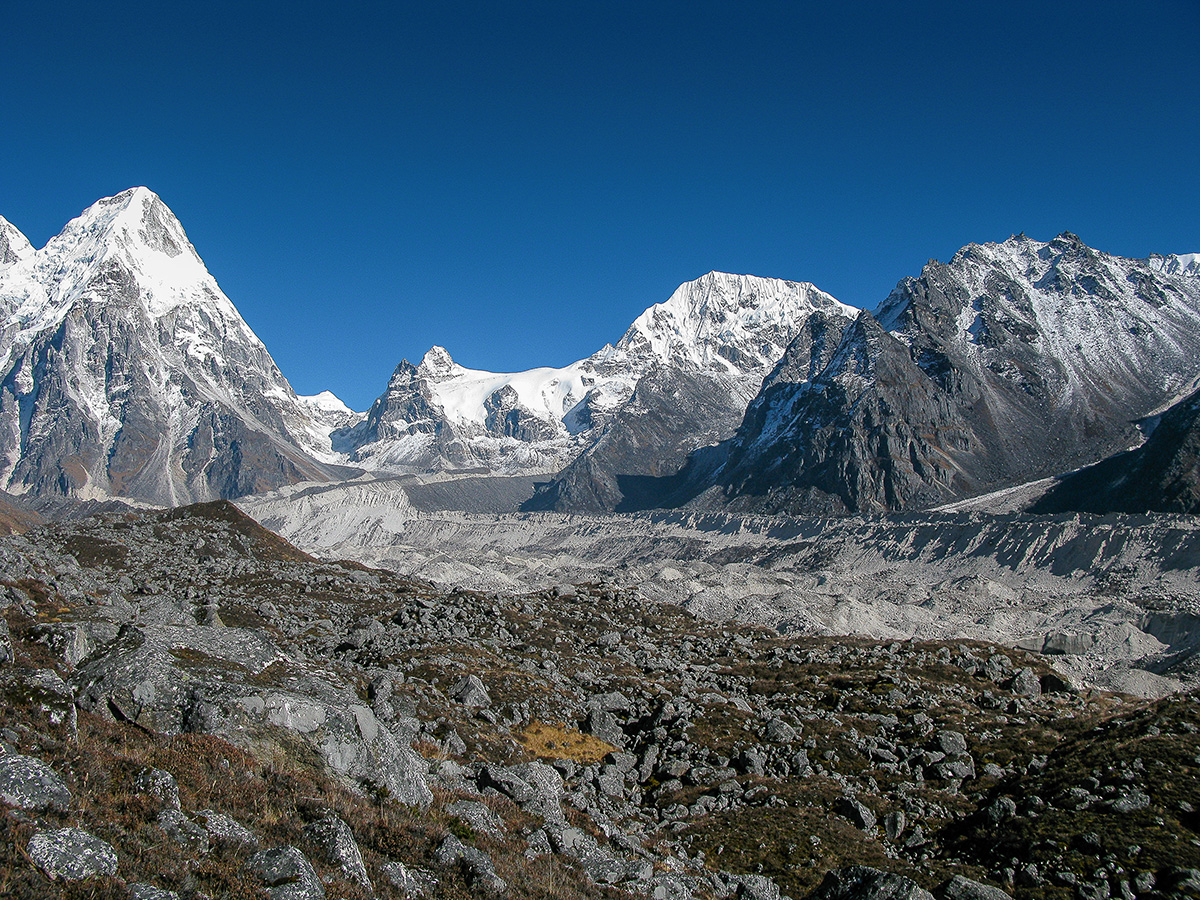 The Yalung Glacier at Lapsang. Rathong Peak is on the left of the picture. The snow peak to the right is Koktang.