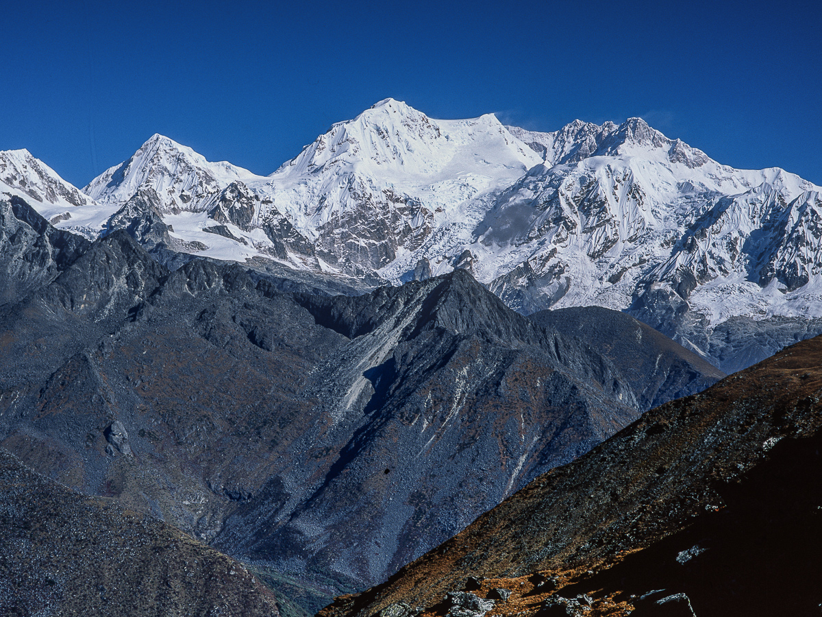The Kanchenjunga massif as seen from Sikkim - the main summit is to the right of the picture