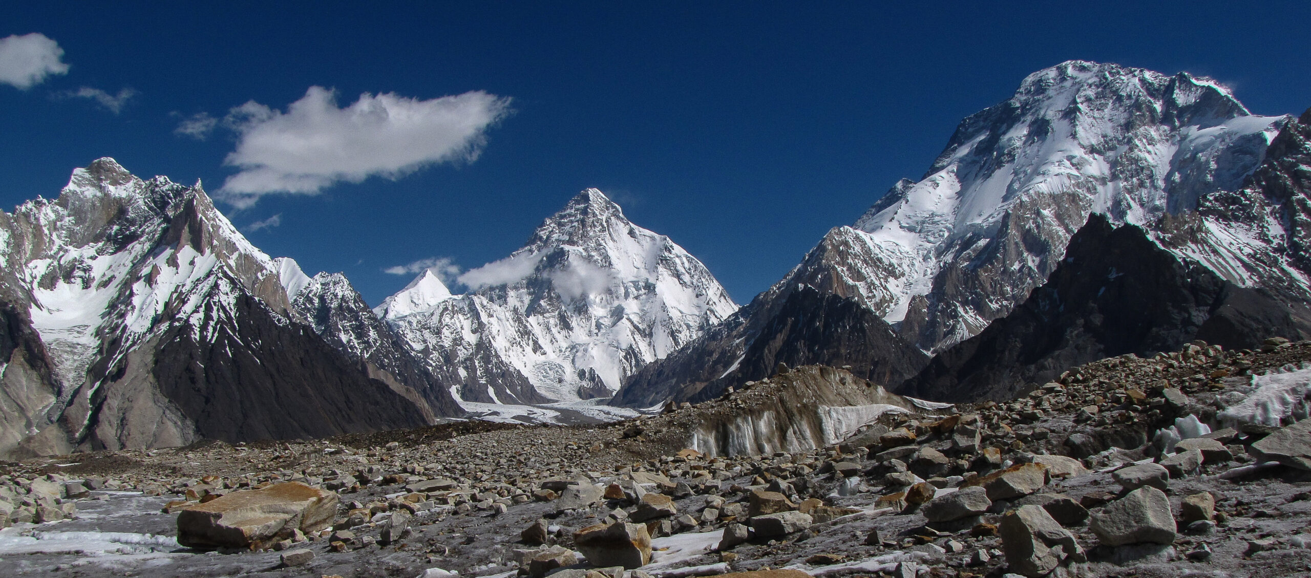 A panoramic image taken at Concordia on the Baltoro Glacier, Karakoram Himalaya, featuring K2 and Broad Peak